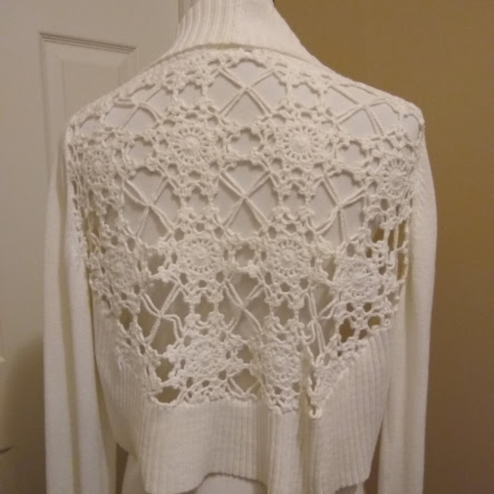 Amazing detailed back cream shrug sweater